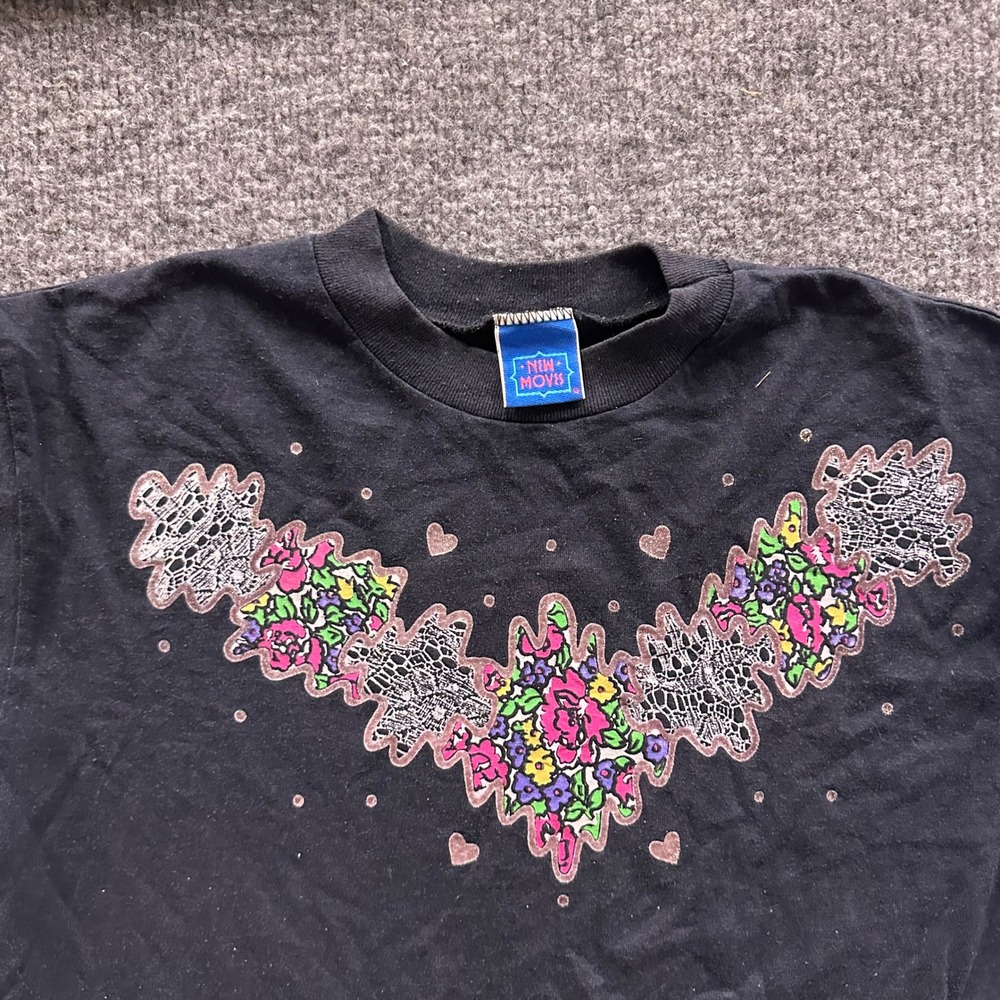 New Moves T-Shirt Womens Size M Black Floral Lace Graphic Short Sleeve Crewneck